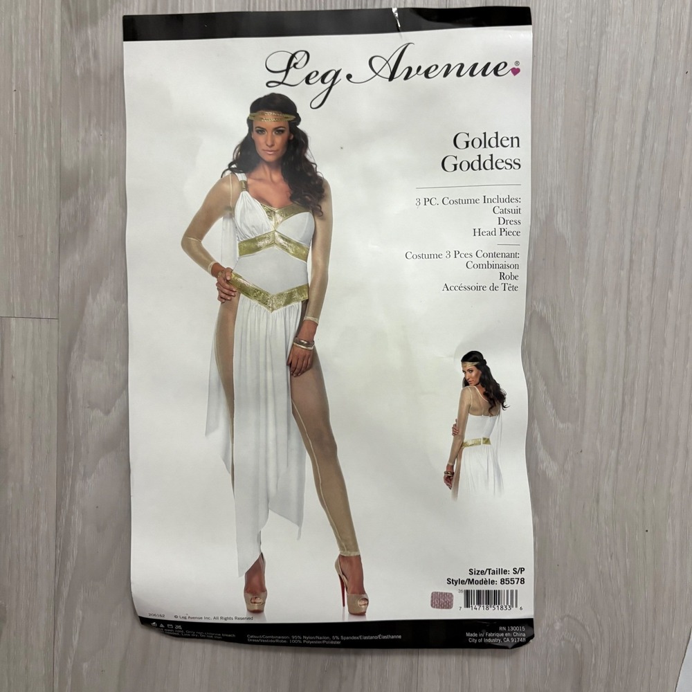 Leg Avenue Golden Goddess Costume Size S/P 3 Piece Catsuit Dress Headpiece - Picture 2 of 12